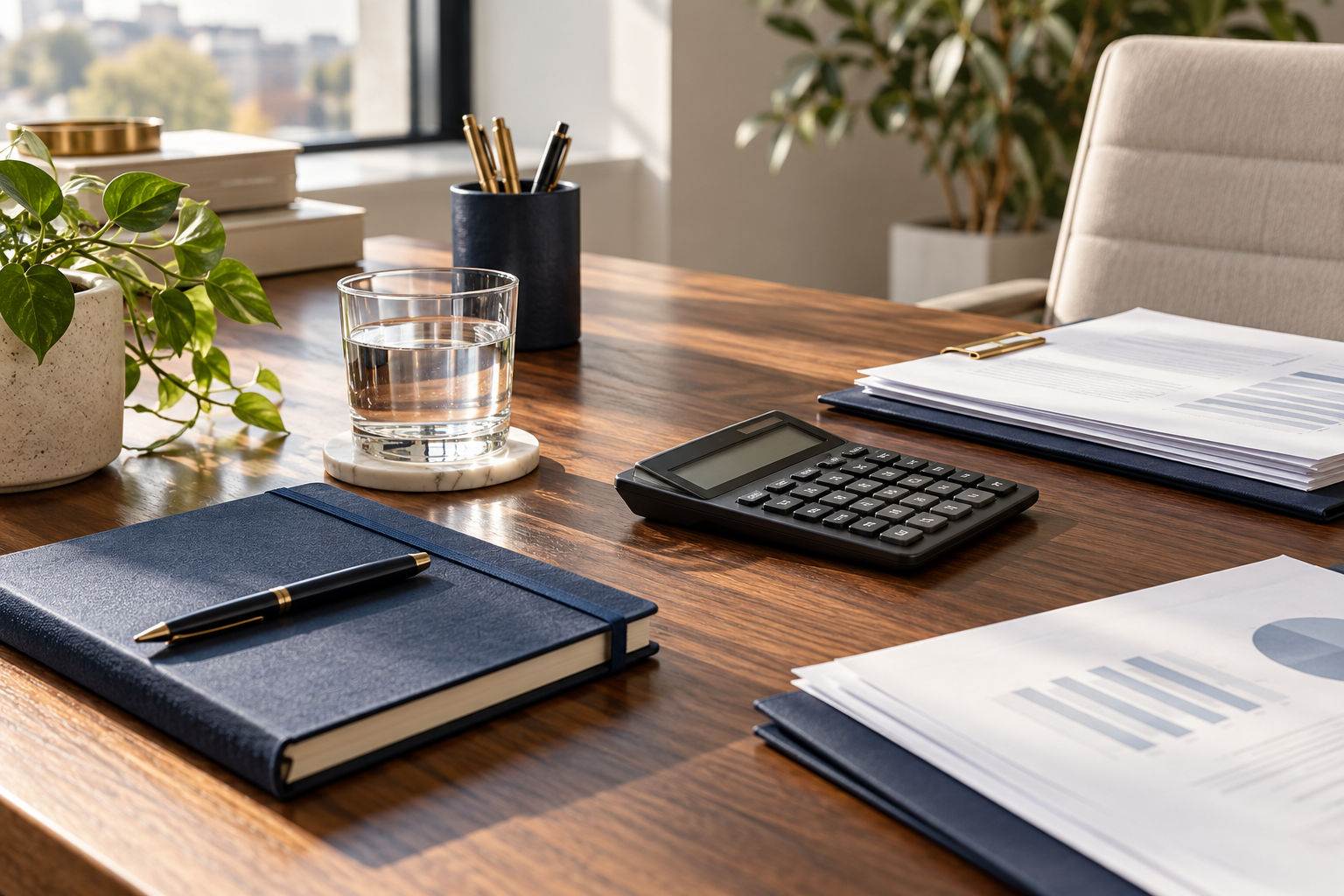Un bureau lumineux avec un carnet bleu, une calculatrice et des documents soigneusement organisés